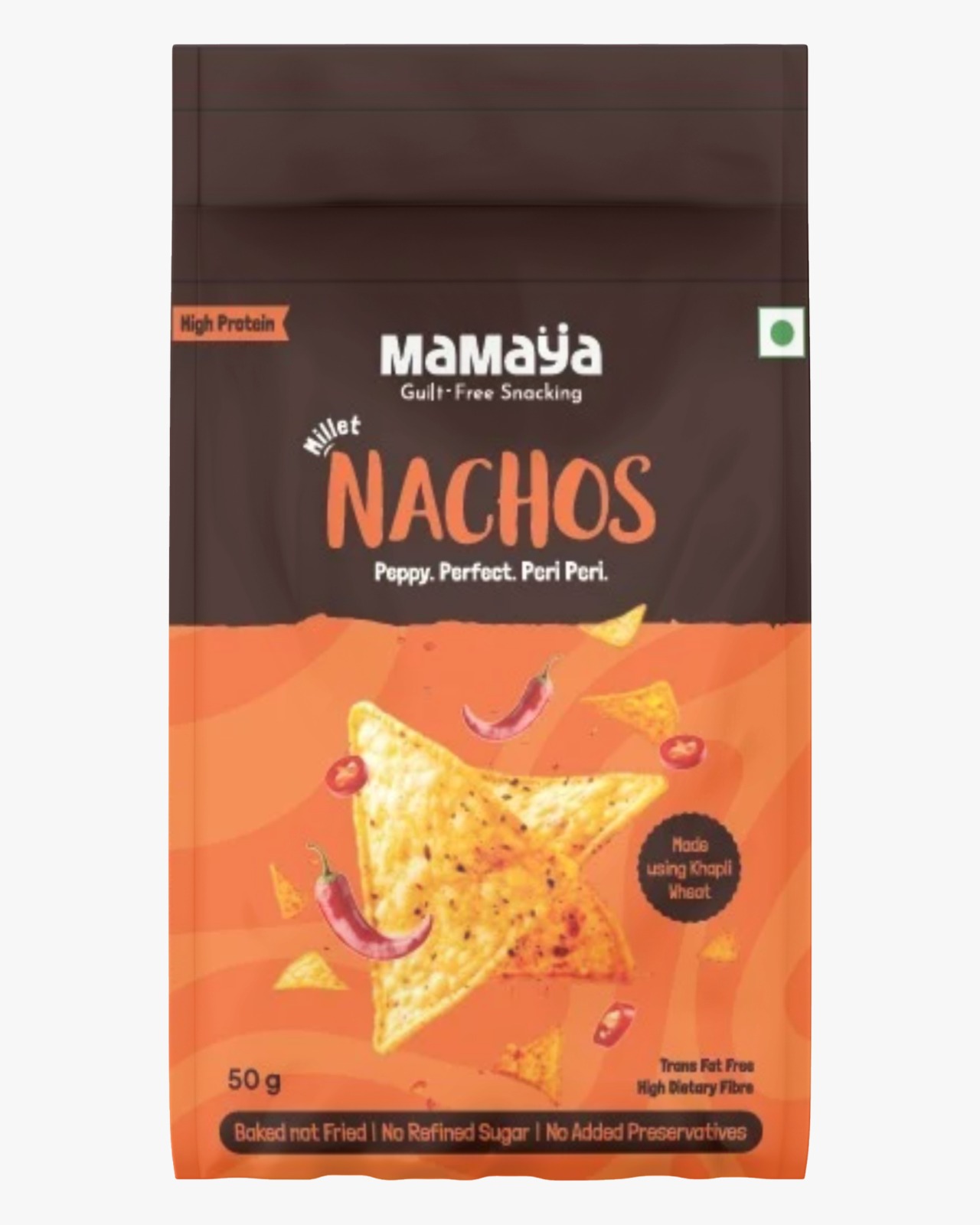 spicy nachos, peri peri chips, millet snack, baked Indian chips